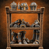 Helms Up, Boots Down Wooden Armour Display Shelf — painted concept preview (terrain supplied unpainted)