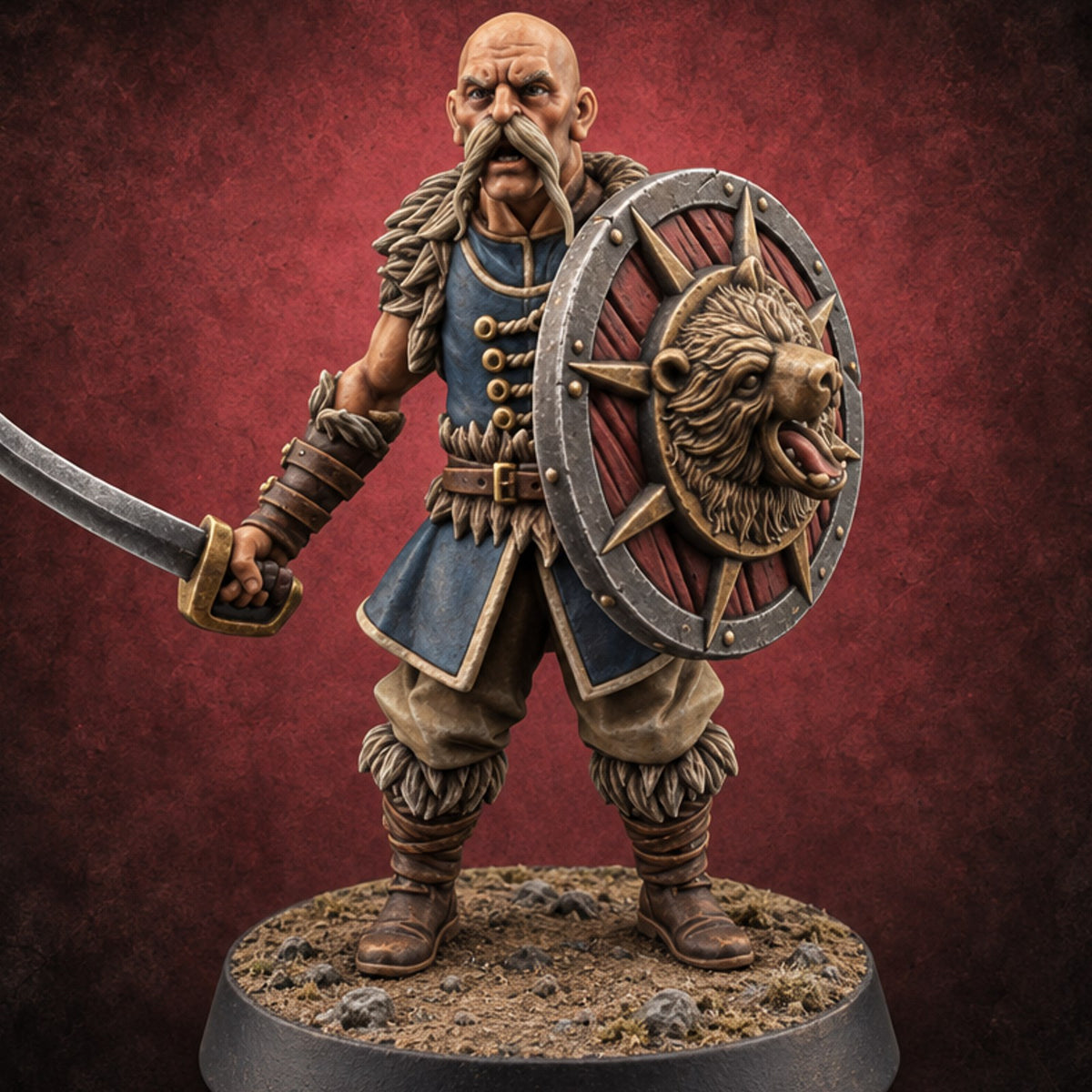Shields Studded, Moustaches Bristling Human Sabre and Shield Warrior D — painted concept preview (miniature supplied unpainted)