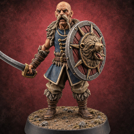 Shields Studded, Moustaches Bristling Human Sabre and Shield Warrior D — painted concept preview (miniature supplied unpainted)