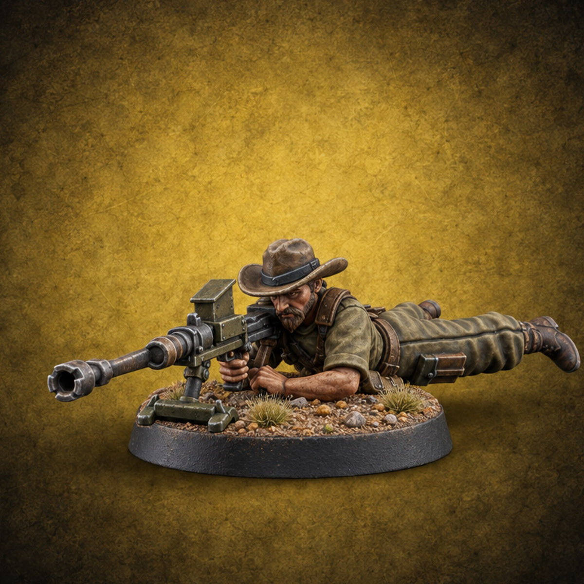 Flat Out, Eyes Down Human Prone Anti-Tank Rifle Crewman A — painted concept preview (miniature supplied unpainted)