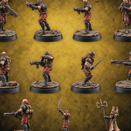 Spikes, Smoke and Scripture Human Spiked-Armour Soldiers with Rifles, Sergeant and Priest — painted concept preview (miniature supplied unpainted)