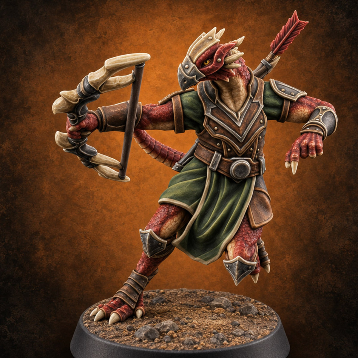 Crests Up, Tails Out Dragonborn Archer E — painted concept preview (miniature supplied unpainted)