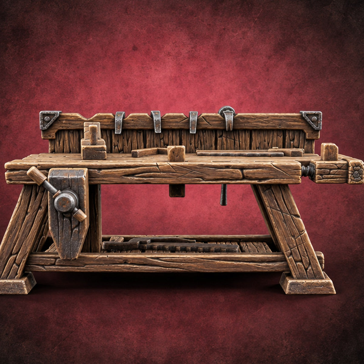 Clamp First, Argue Later Wooden Carpenter Workbench — painted concept preview (terrain supplied unpainted)