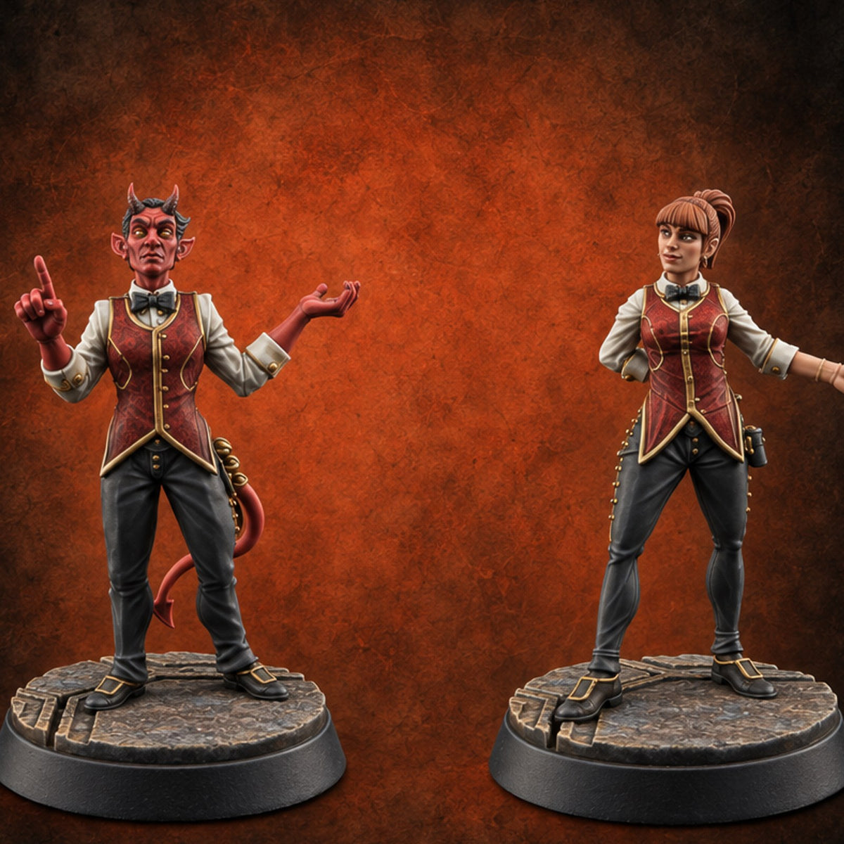 Pit Boss's Orders Tiefling and Human Casino Employees — painted concept preview (miniature supplied unpainted)