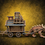 Spiny Beast Draws the Shop Creature-Drawn Wooden Vendor Wagon — painted concept preview (terrain supplied unpainted)