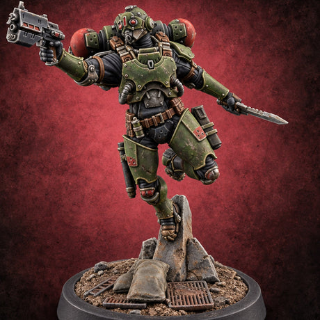 Touchdown Pending, Pistols Up Human Jump Pack Soldier B — painted concept preview (miniature supplied unpainted)