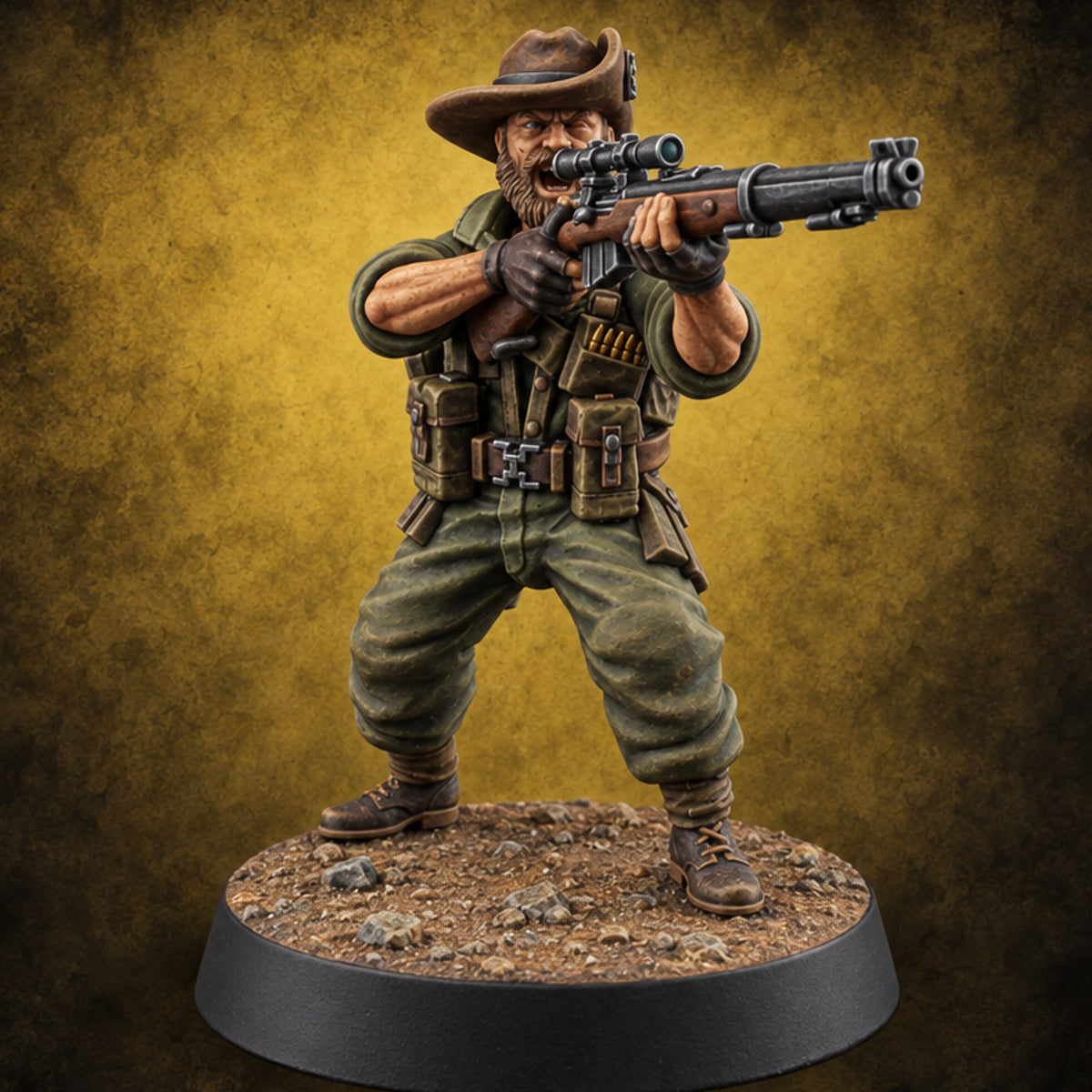 Aim High, Aim Low Human Bearded Sniper B — painted concept preview (miniature supplied unpainted)