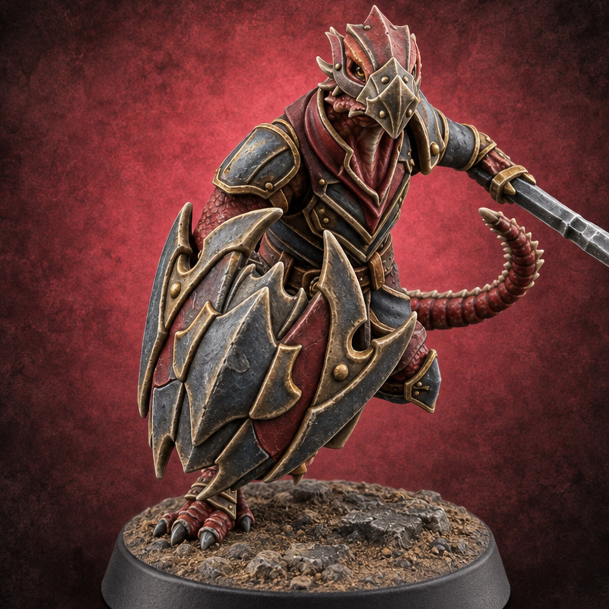 Scales Rattle, Shields Rise Dragonborn Swordsman C — painted concept preview (miniature supplied unpainted)