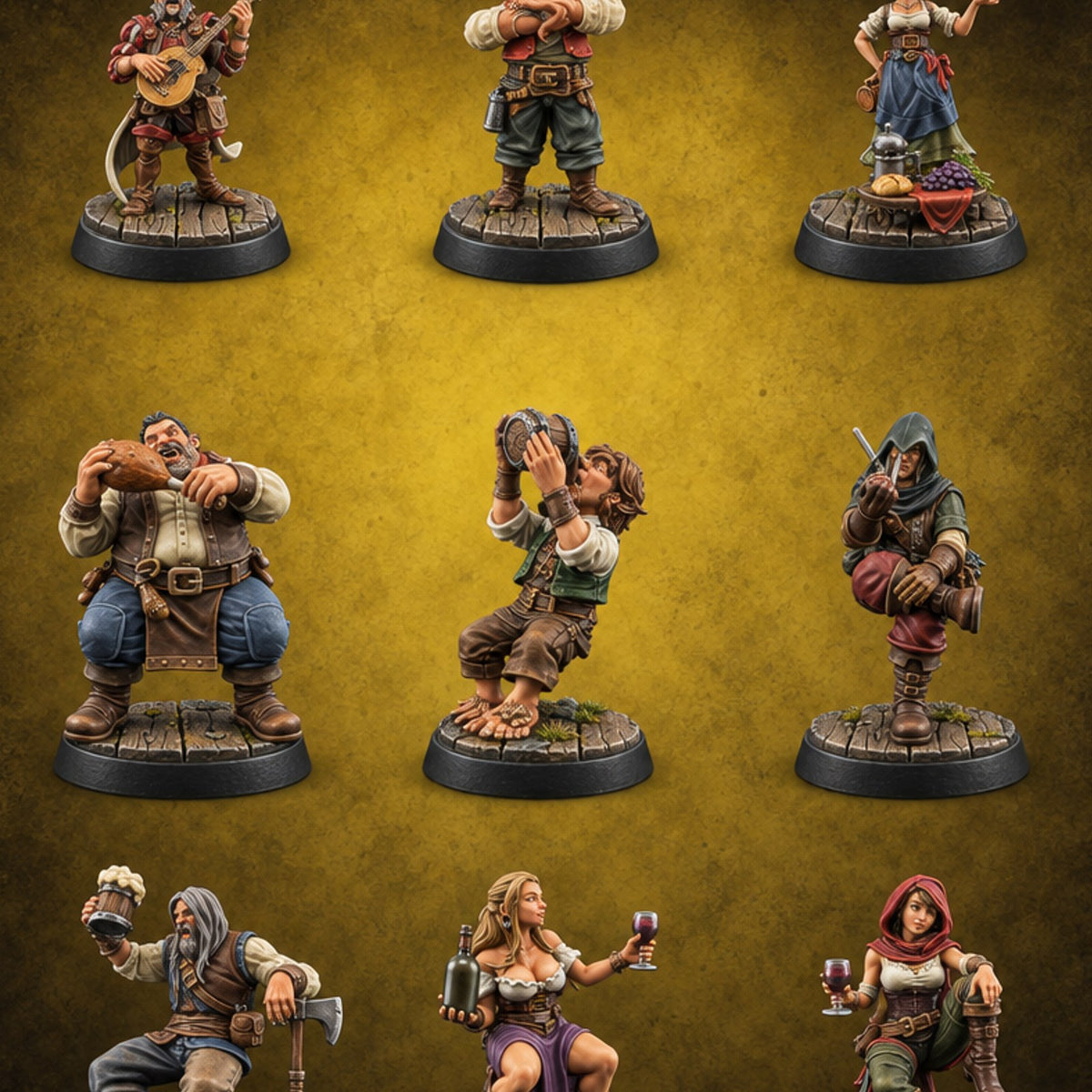 Nobody Leaves Sober Human and Halfling Inn Patrons — painted concept preview (miniature supplied unpainted)