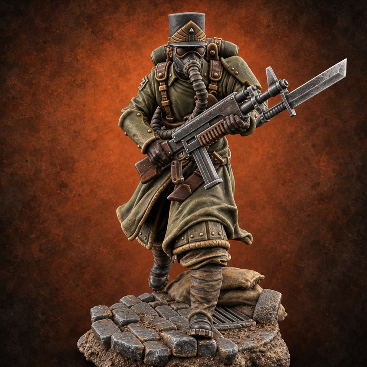 Orders Muffled, Obeyed Anyway Human Gas-Masked Light Infantry Soldier D — painted concept preview (miniature supplied unpainted)
