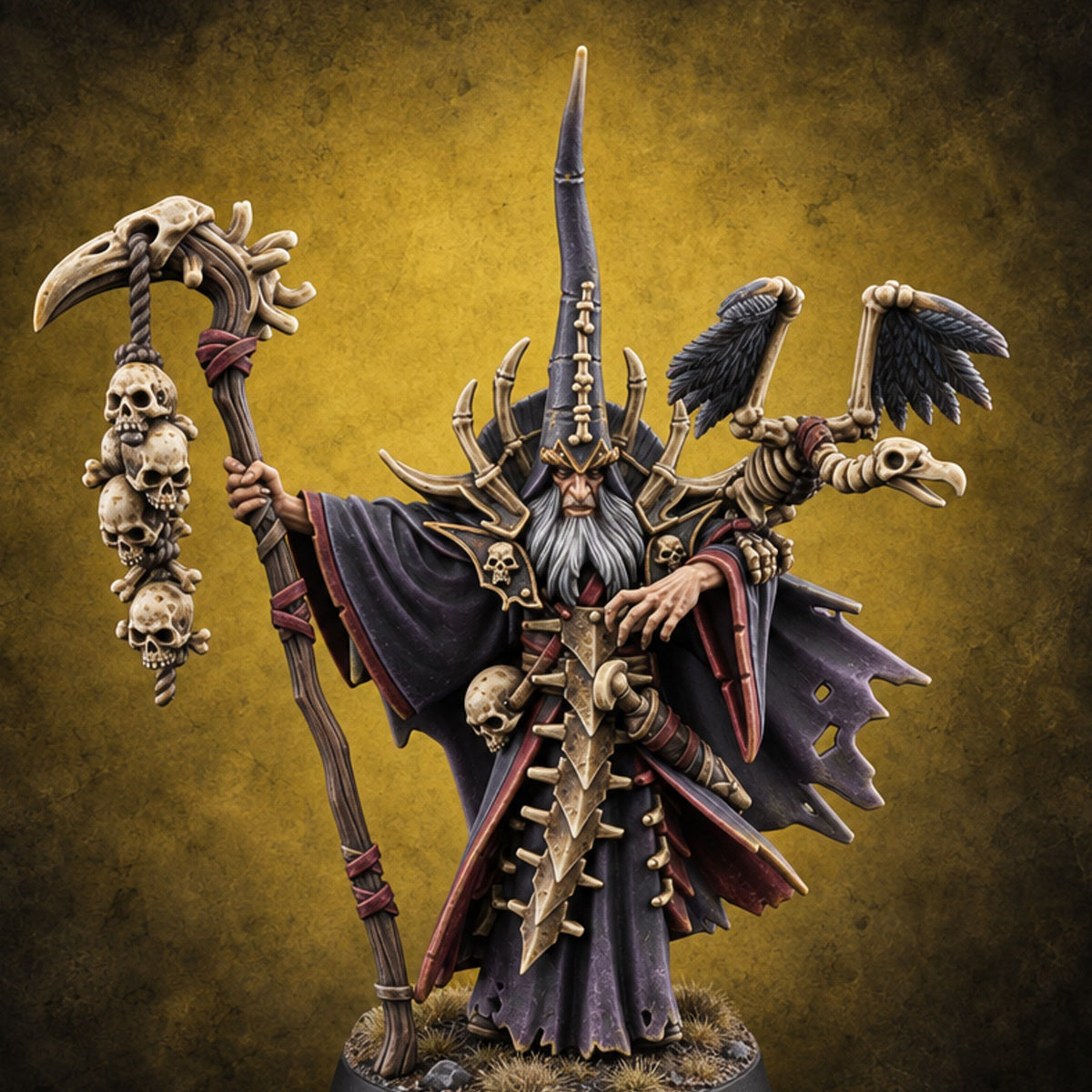 Still Learning, Already Grim Human Necromancer Apprentice with Skull Staff and Skeletal Vulture — painted concept preview (miniature supplied unpainted)