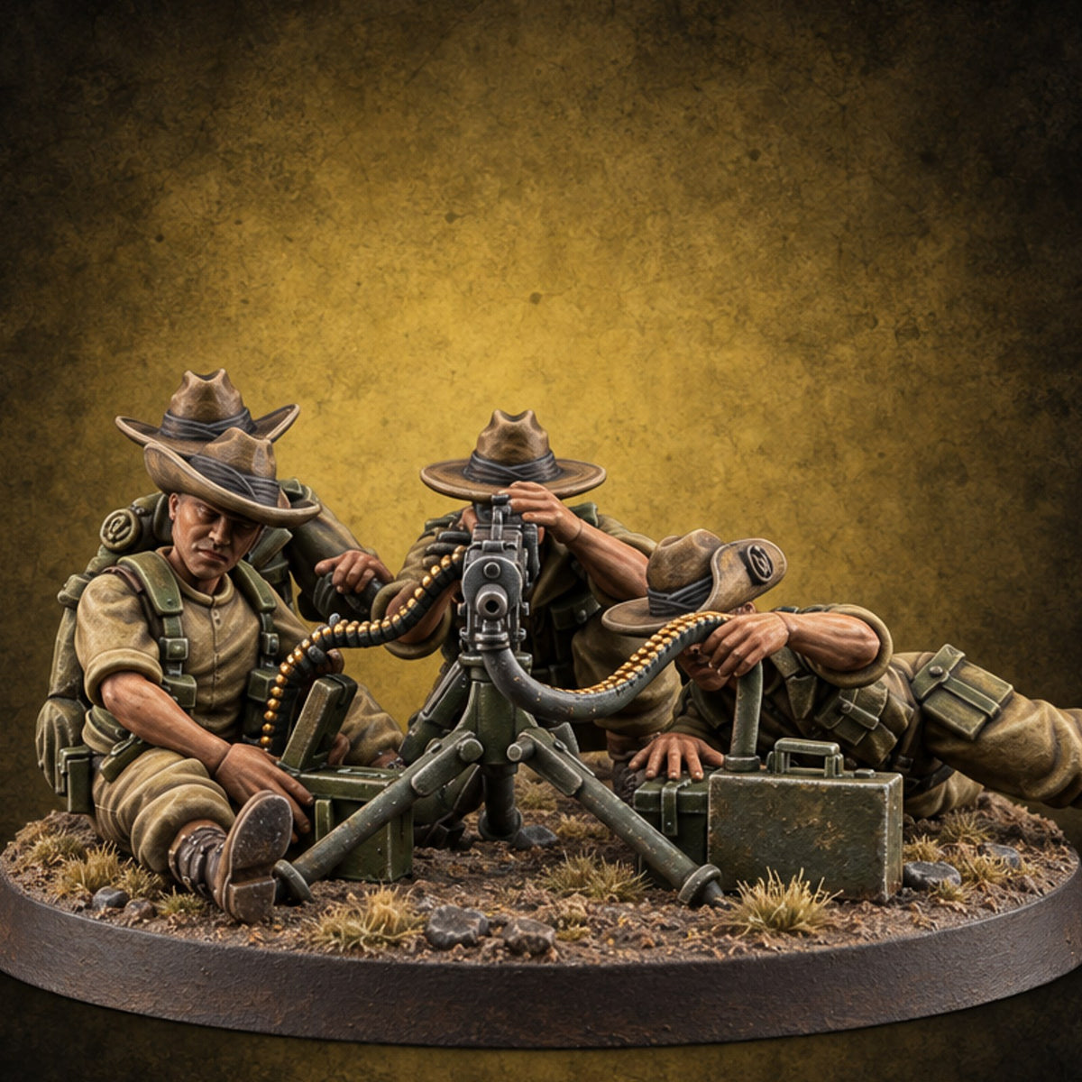 Belt Feed, Brims Down Human Heavy Machine Gun Team in Slouch Hats — painted concept preview (miniature supplied unpainted)