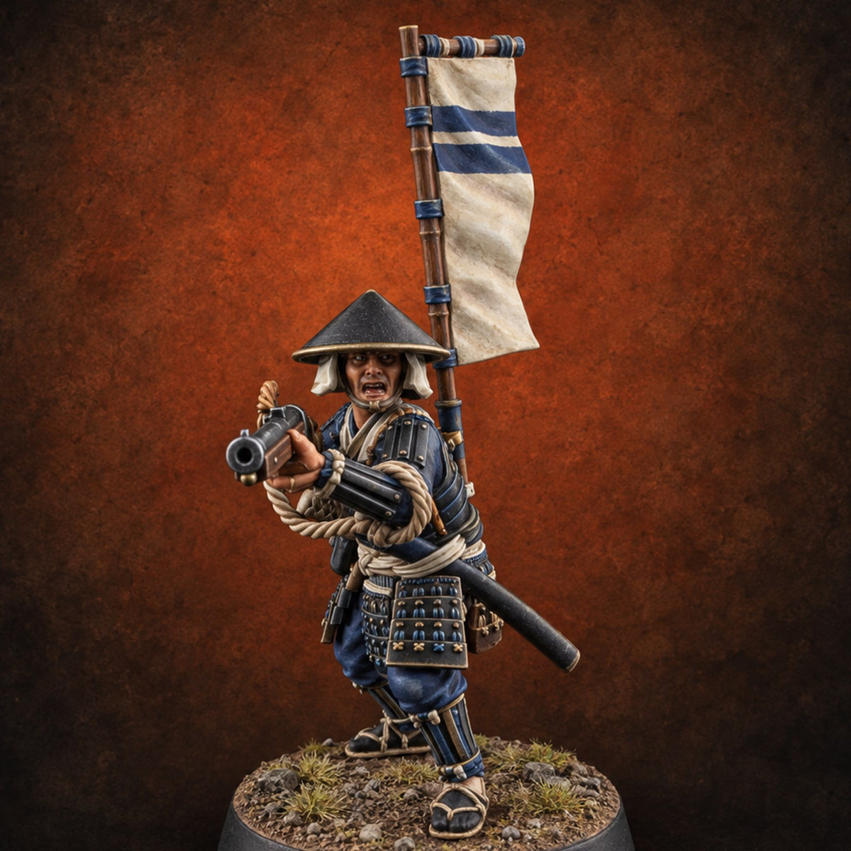 Matchlocks at the Ready Human Ashigaru Musketeer E — painted concept preview (miniature supplied unpainted)