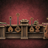 Strings Hung Wooden Music Store Furniture A — painted concept preview (terrain supplied unpainted)
