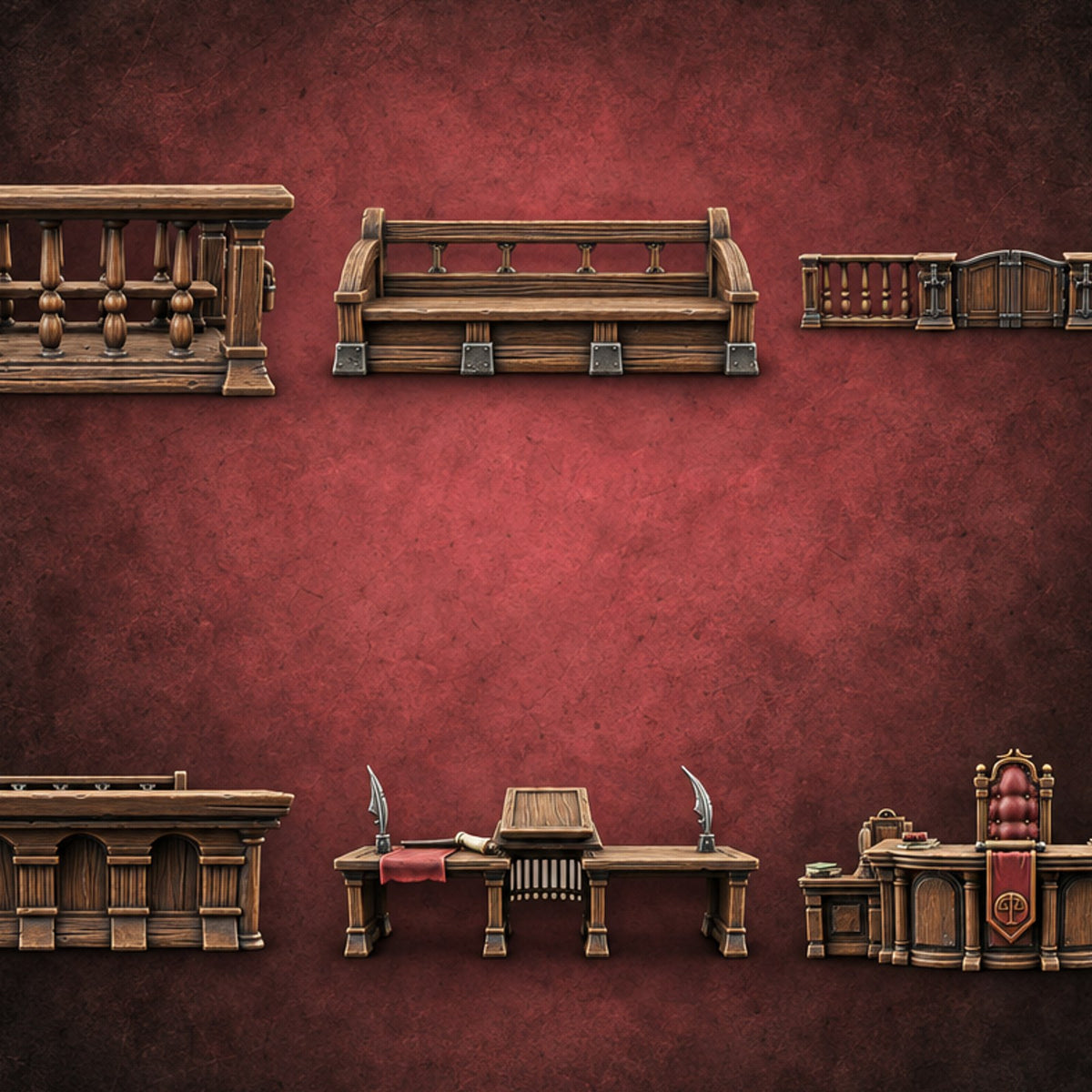 Objection Sustained, Furniture Assembled Wooden Courtroom Furniture Set — painted concept preview (terrain supplied unpainted)