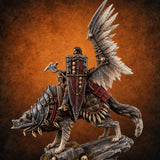Steel, Feather and Fang Human Winged Hussar on Dire Wolf C — painted concept preview (miniature supplied unpainted)