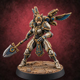 The Temple Cat Went Orbital Tabaxi Female Warrior with Ankh Spear and Winged Backpack — painted concept preview (miniature supplied unpainted)