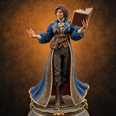 Quoting Chapter and Verse Human Wizard with Spellbook and Long Embroidered Coat — painted concept preview (miniature supplied unpainted)