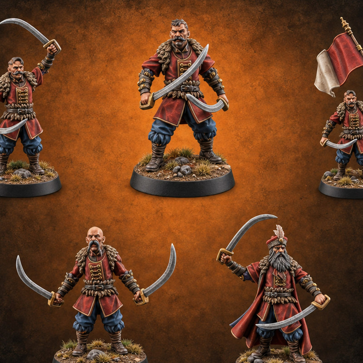 Moustache Waxed, Sabres Drawn Twice Human Dual Sabre Warriors — painted concept preview (miniature supplied unpainted)