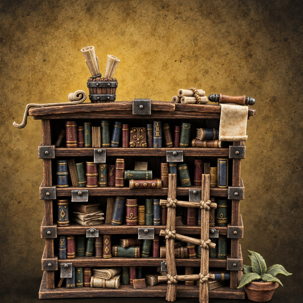 Overstuffed Library Bookshelf C — painted concept preview (terrain supplied unpainted)