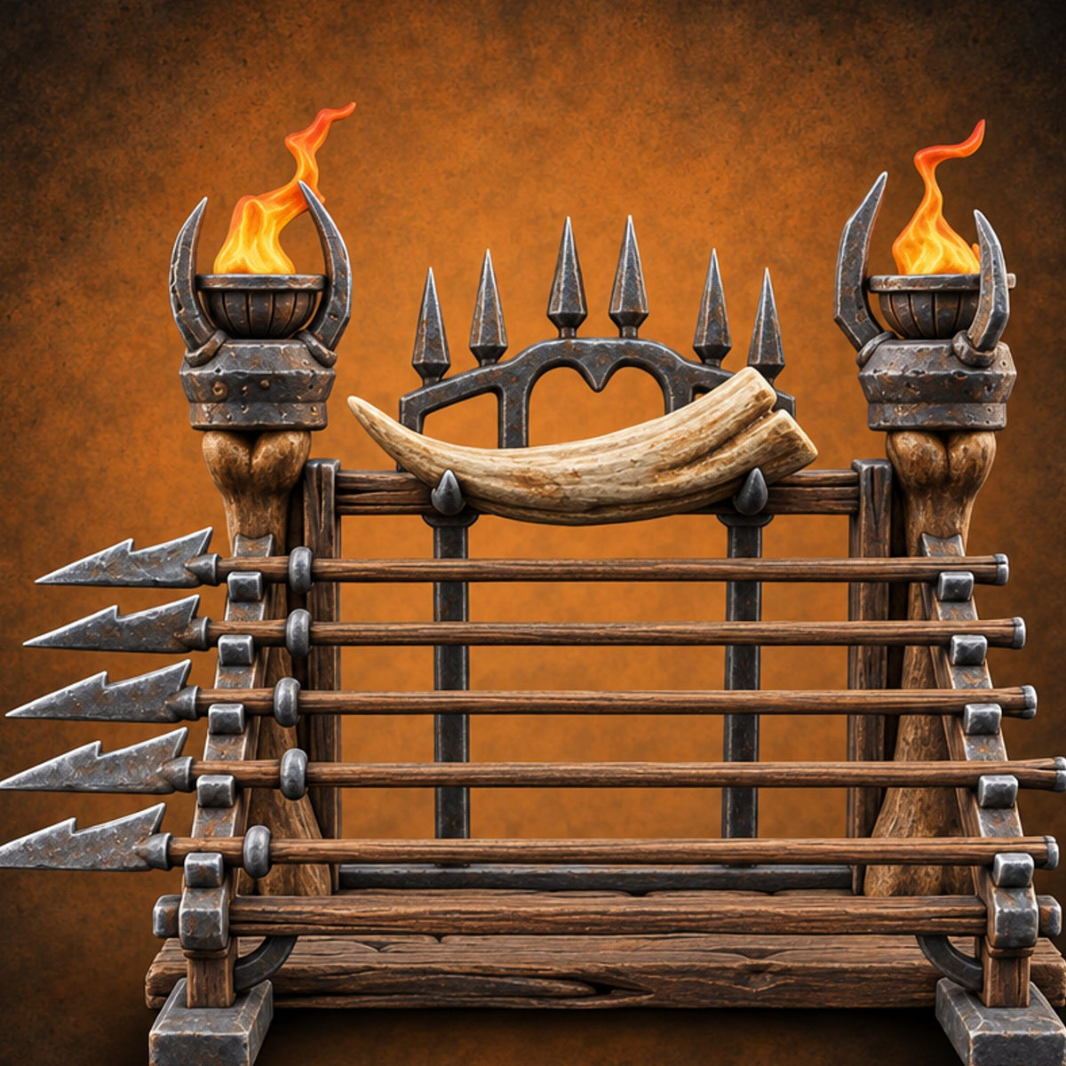 Torches Lit Wooden Ballista Bolt Rack — painted concept preview (terrain supplied unpainted)