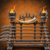 Torches Lit Wooden Ballista Bolt Rack — painted concept preview (terrain supplied unpainted)