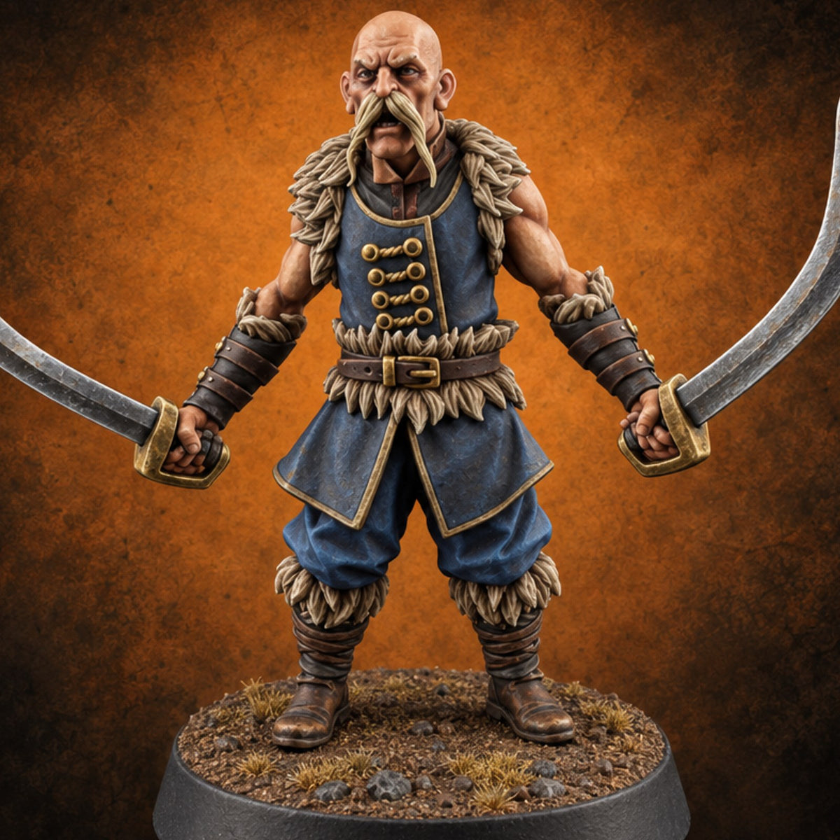 Moustache Waxed, Sabres Drawn Twice Human Dual Sabre Warrior D — painted concept preview (miniature supplied unpainted)