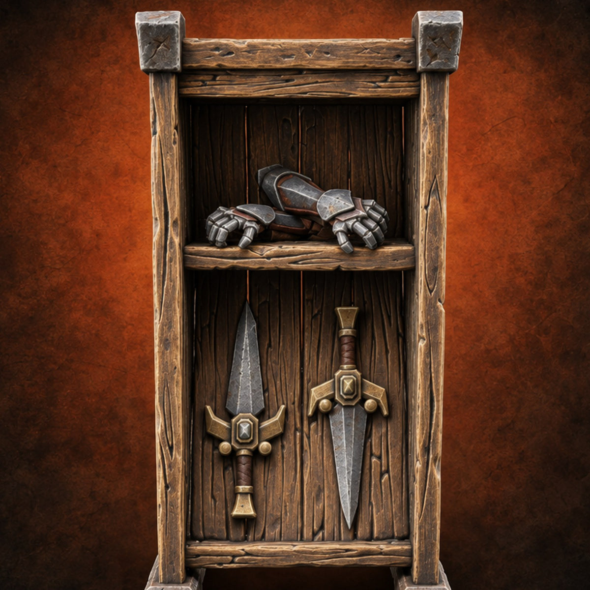 Gauntlets Left Out to Dry Wooden Armour Merchant Shelf — painted concept preview (terrain supplied unpainted)