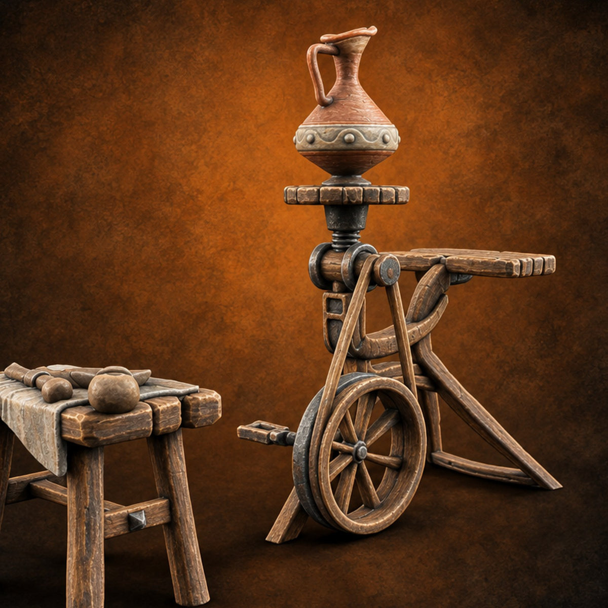 Pedal Down, Pitcher Up Wooden Pottery Wheel with Stool — painted concept preview (terrain supplied unpainted)