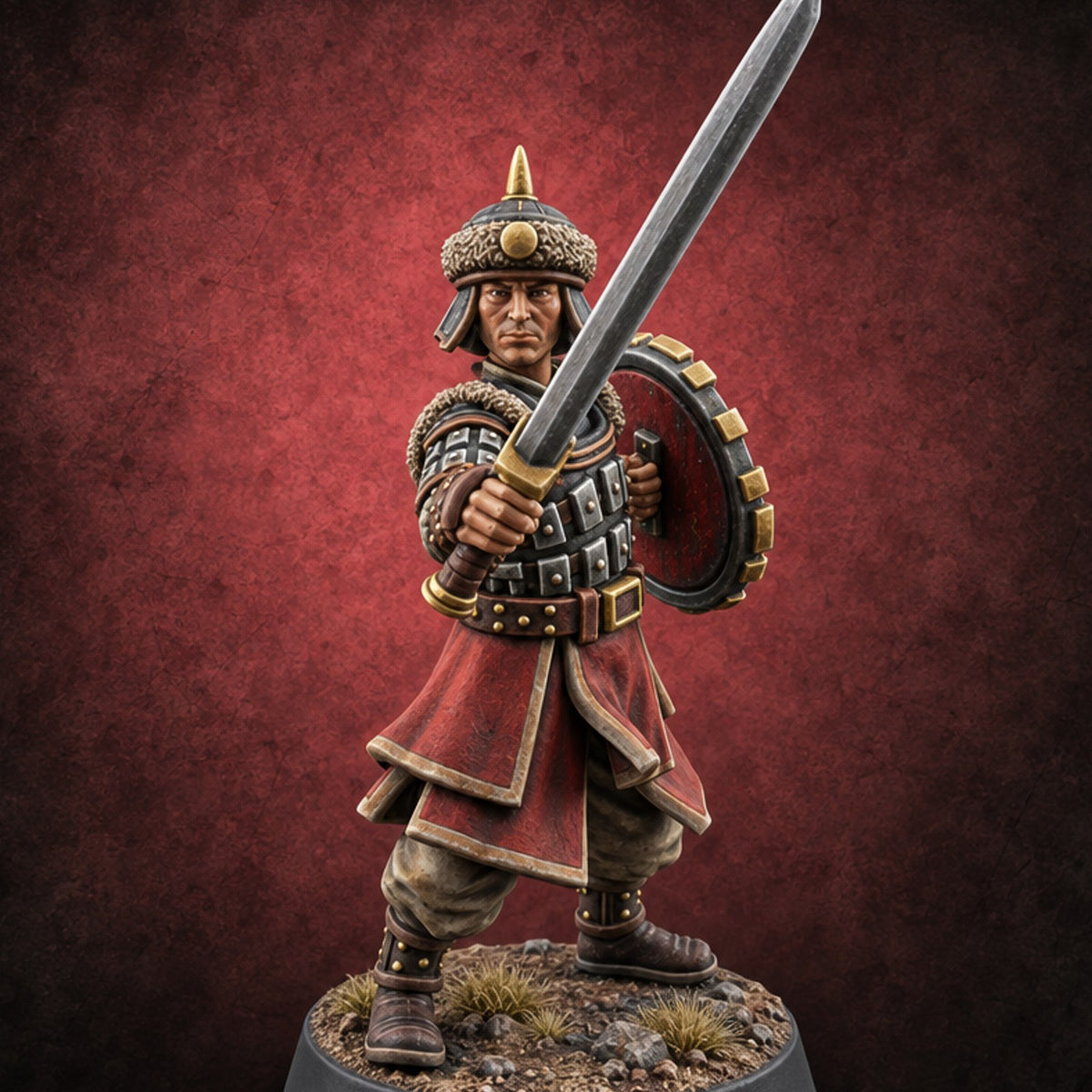 Shields Studded, Steel Singing Human Steppe Swordsman B — painted concept preview (miniature supplied unpainted)