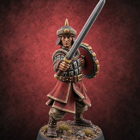 Shields Studded, Steel Singing Human Steppe Swordsman B — painted concept preview (miniature supplied unpainted)