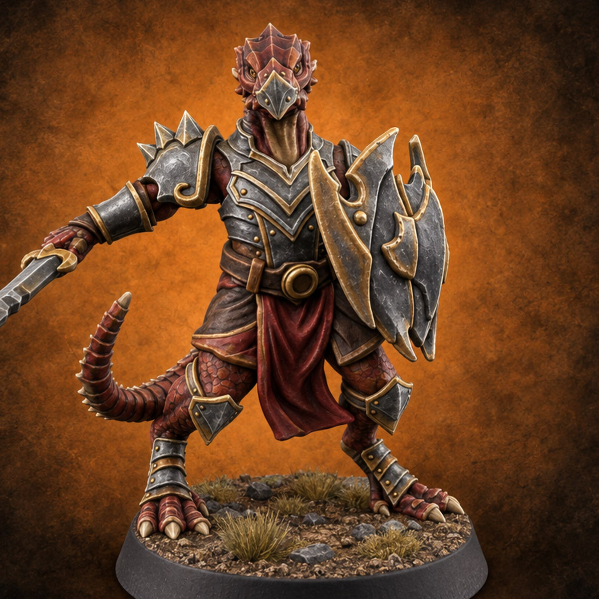 Scales Rattle, Shields Rise Dragonborn Swordsman F — painted concept preview (miniature supplied unpainted)