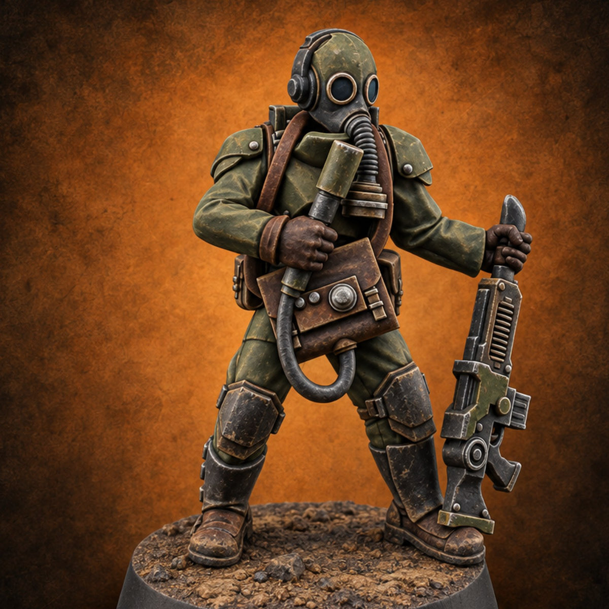 Breathe Easy, Fight Hard Human Gas-Masked Soldier C — painted concept preview (miniature supplied unpainted)