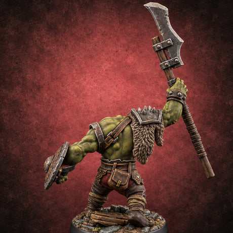 Reach Beats Rage Orc Warrior with Long-Bladed Polearm B — painted concept preview (miniature supplied unpainted)