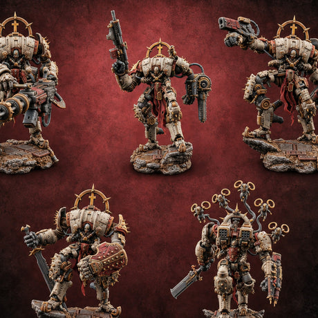 Pilot Light of Faith Warforged Mech Suit Sentinels — painted concept preview (miniature supplied unpainted)