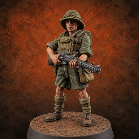 On Jungle Patrol Human Rifleman E — painted concept preview (miniature supplied unpainted)