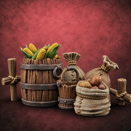 Orchard Chores Farmyard Scatter Piece B — painted concept preview (terrain supplied unpainted)
