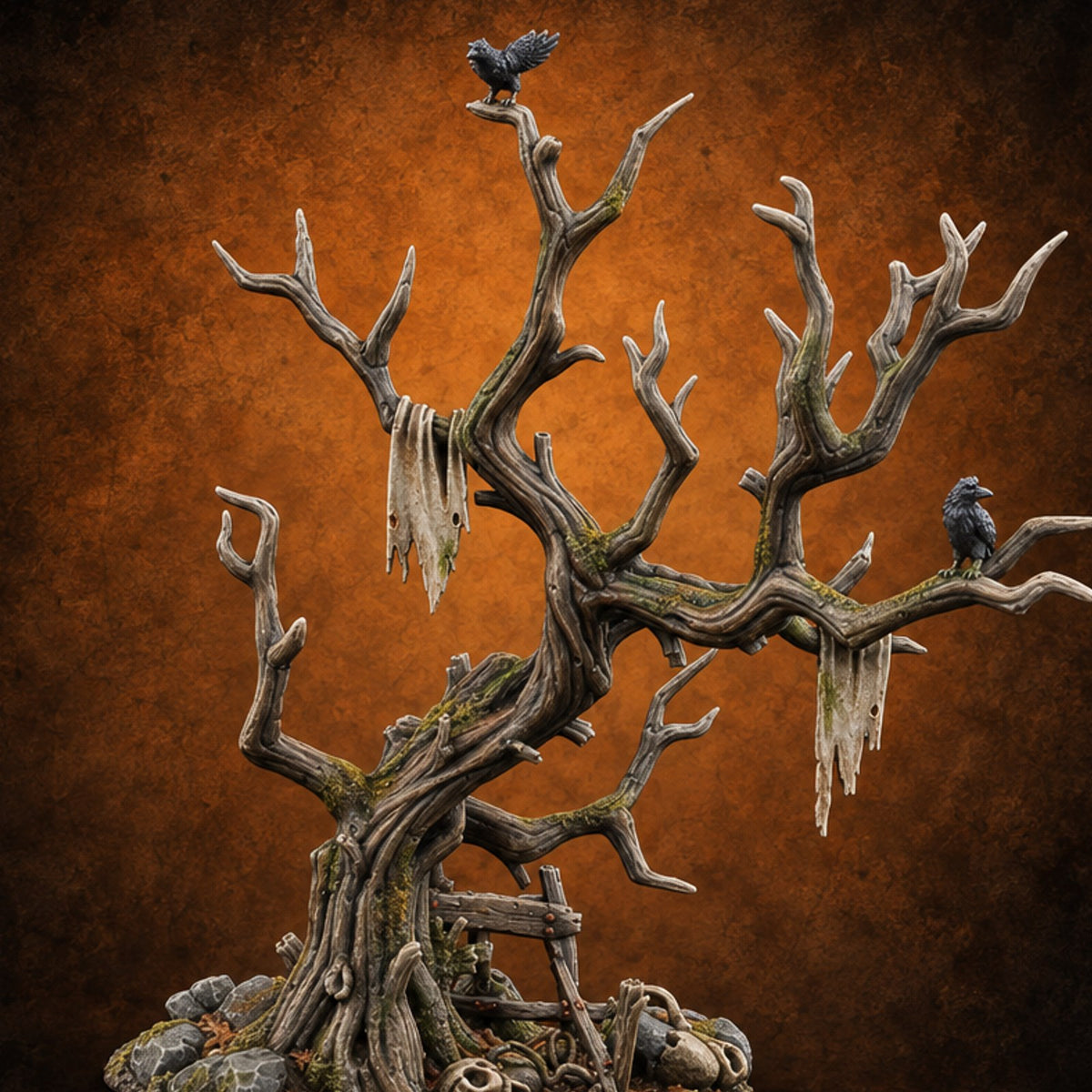 Wouldn't Climb It Twice Haunted Dead Tree with Crows, Broken Ladder and Skull Debris Base — painted concept preview (terrain supplied unpainted)
