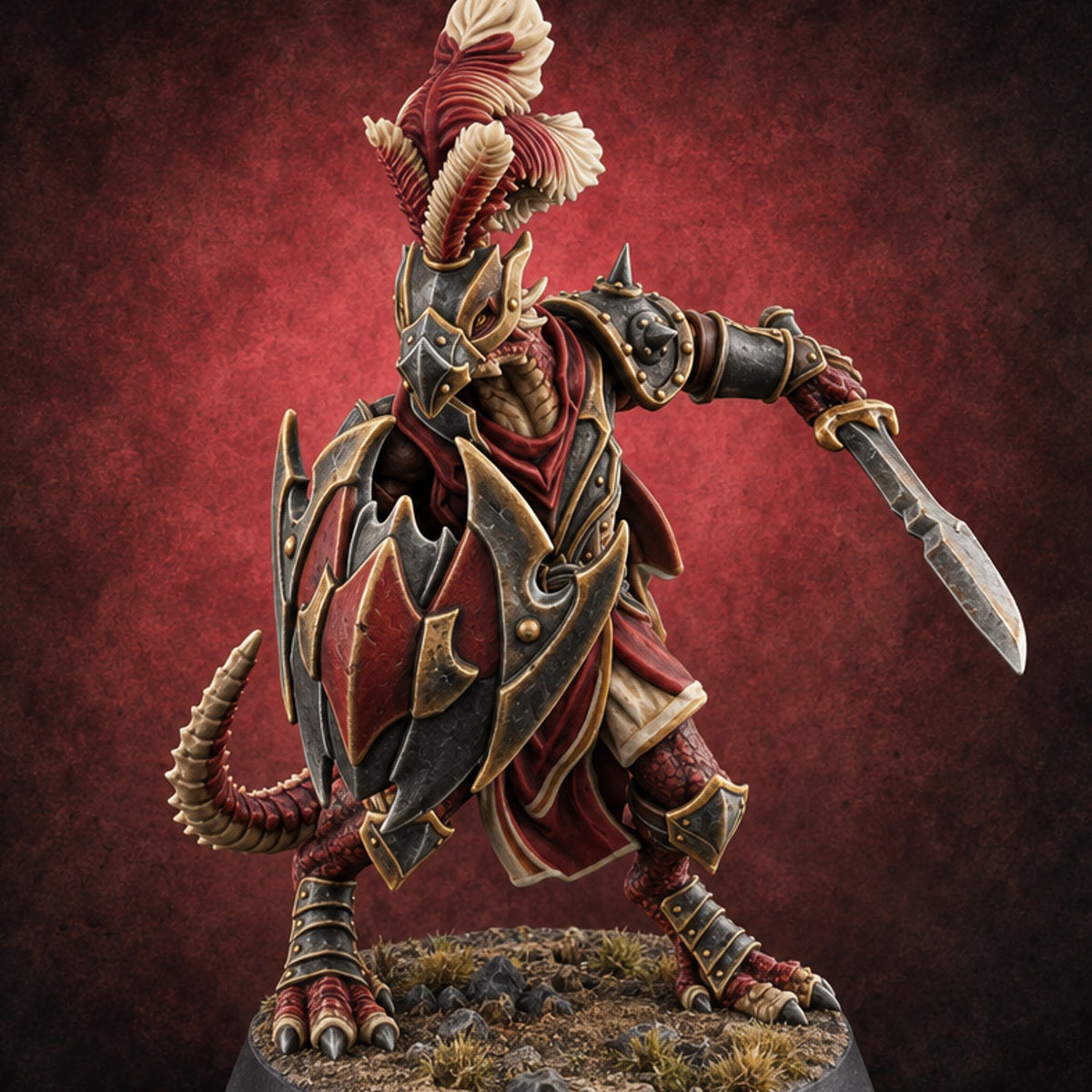 Shield Turned, Cloak Streaming Dragonborn Swordsman Leader — painted concept preview (miniature supplied unpainted)