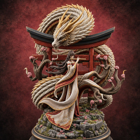 Serenade for a Sleeping Serpent Imperial Dragon Coiled Around Torii Gate with Female Flautist — painted concept preview (miniature supplied unpainted)