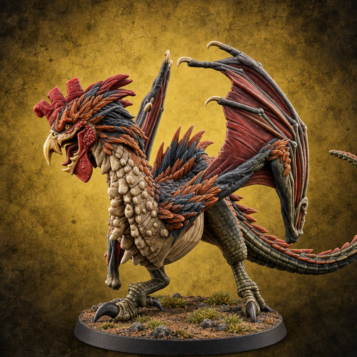 Cocky and Cold-Blooded Cockatrice Monstrosity — painted concept preview (miniature supplied unpainted)
