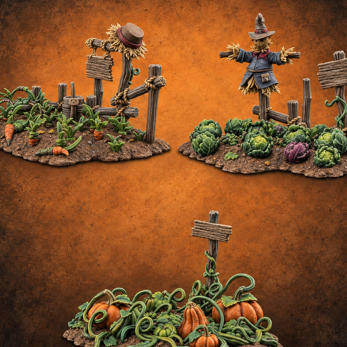 Scarecrow-Tended Vegetable Patches — painted concept preview (terrain supplied unpainted)