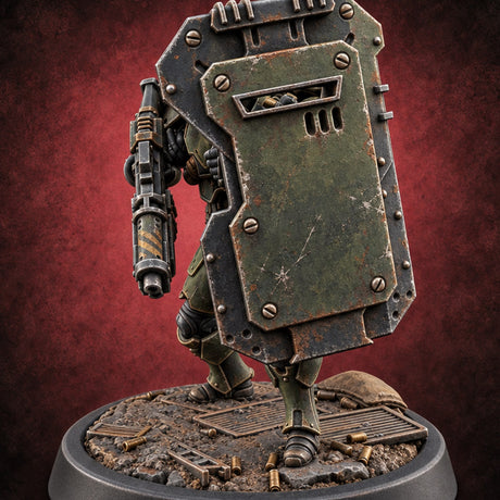 Peek Through the Slot, Regret Nothing Human Shield Soldier C — painted concept preview (miniature supplied unpainted)
