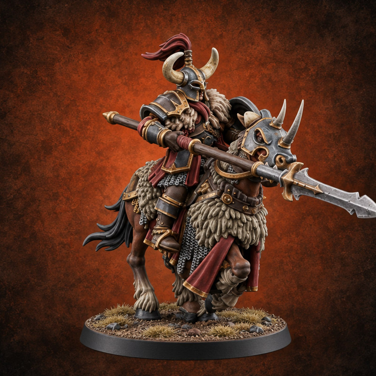 Hooves Thunder, Horns Gleam Human Horned Cavalry Warrior F — painted concept preview (miniature supplied unpainted)