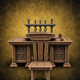 Spine Stitched, Press Tightened Wooden Binding Desk and Chair — painted concept preview (terrain supplied unpainted)
