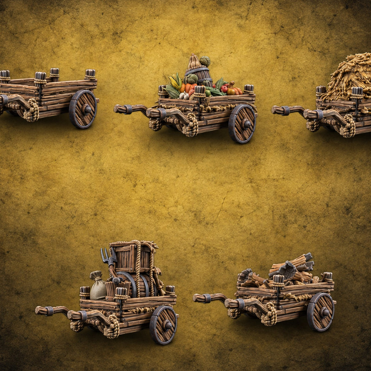 Rope-Lashed Farm Carts — painted concept preview (terrain supplied unpainted)