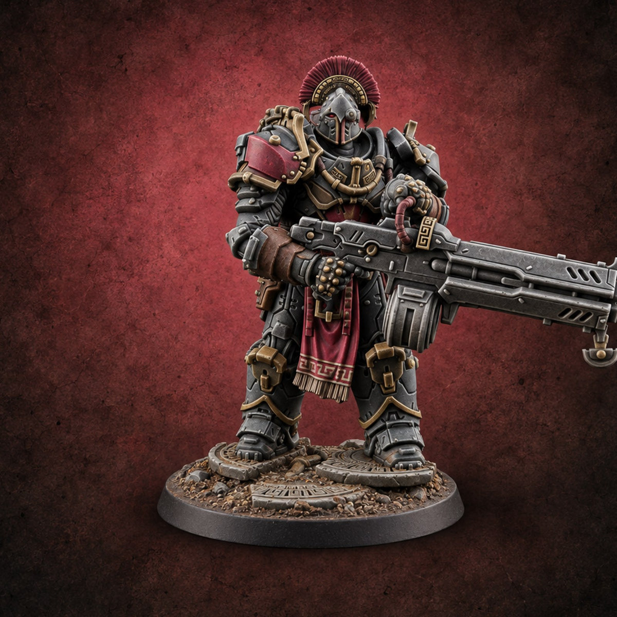 Armed to Overwhelm Human Heavy Gunner B — painted concept preview (miniature supplied unpainted)