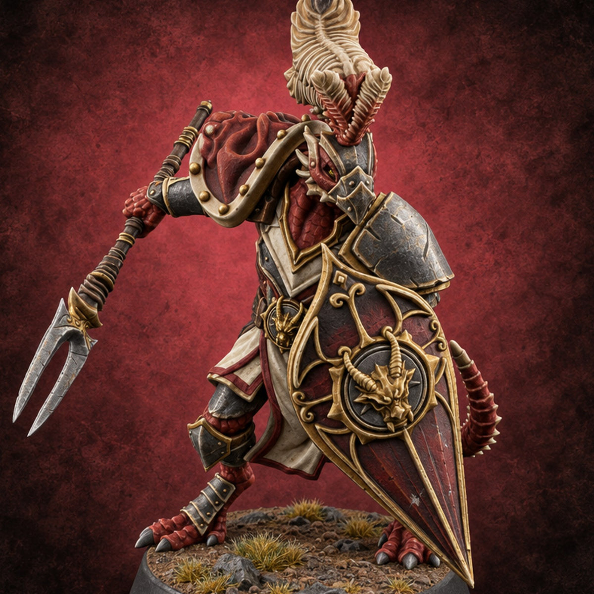 Shield Cocked, Fork Trailing Dragonborn Warden Leader — painted concept preview (miniature supplied unpainted)