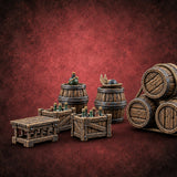 Bottles Stowed, Rope Taut Wooden Pirate Barrels and Crates — painted concept preview (terrain supplied unpainted)