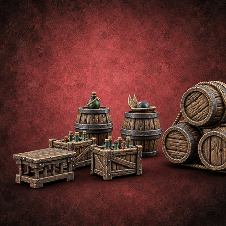 Bottles Stowed, Rope Taut Wooden Pirate Barrels and Crates — painted concept preview (terrain supplied unpainted)
